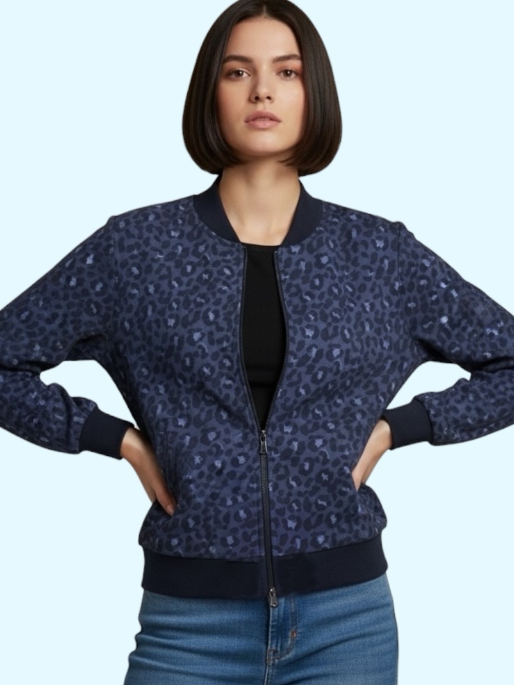 Midnight Blue Reversible Leopard Print Bomber Jacket. Sz. M. NWOT